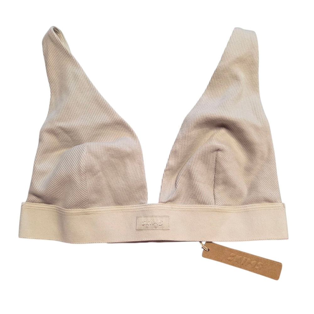 SKIMS Cotton Rib Plunge Bralette Wireless Bra NWT - M - Stone
